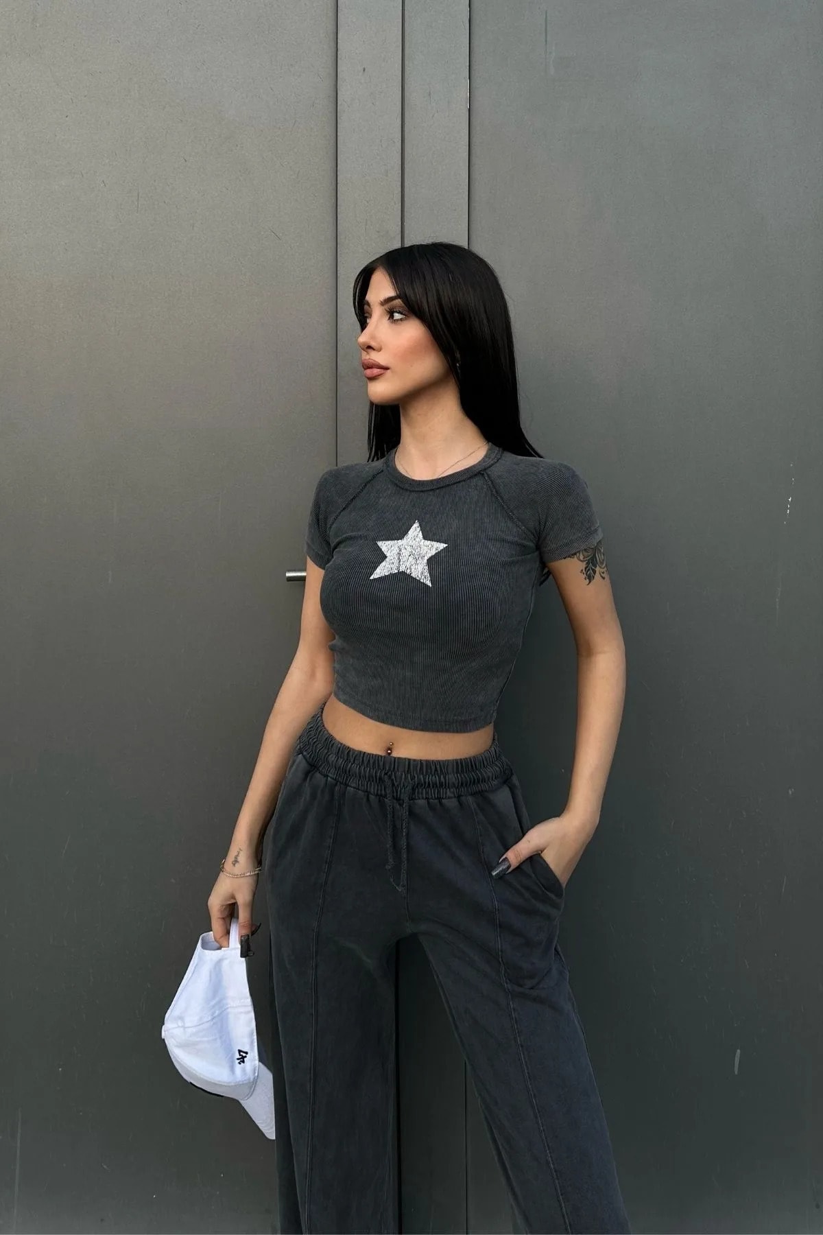 Kadın Yıkamalı Yıldız Baskılı Kaşkorse Crop T-Shirt