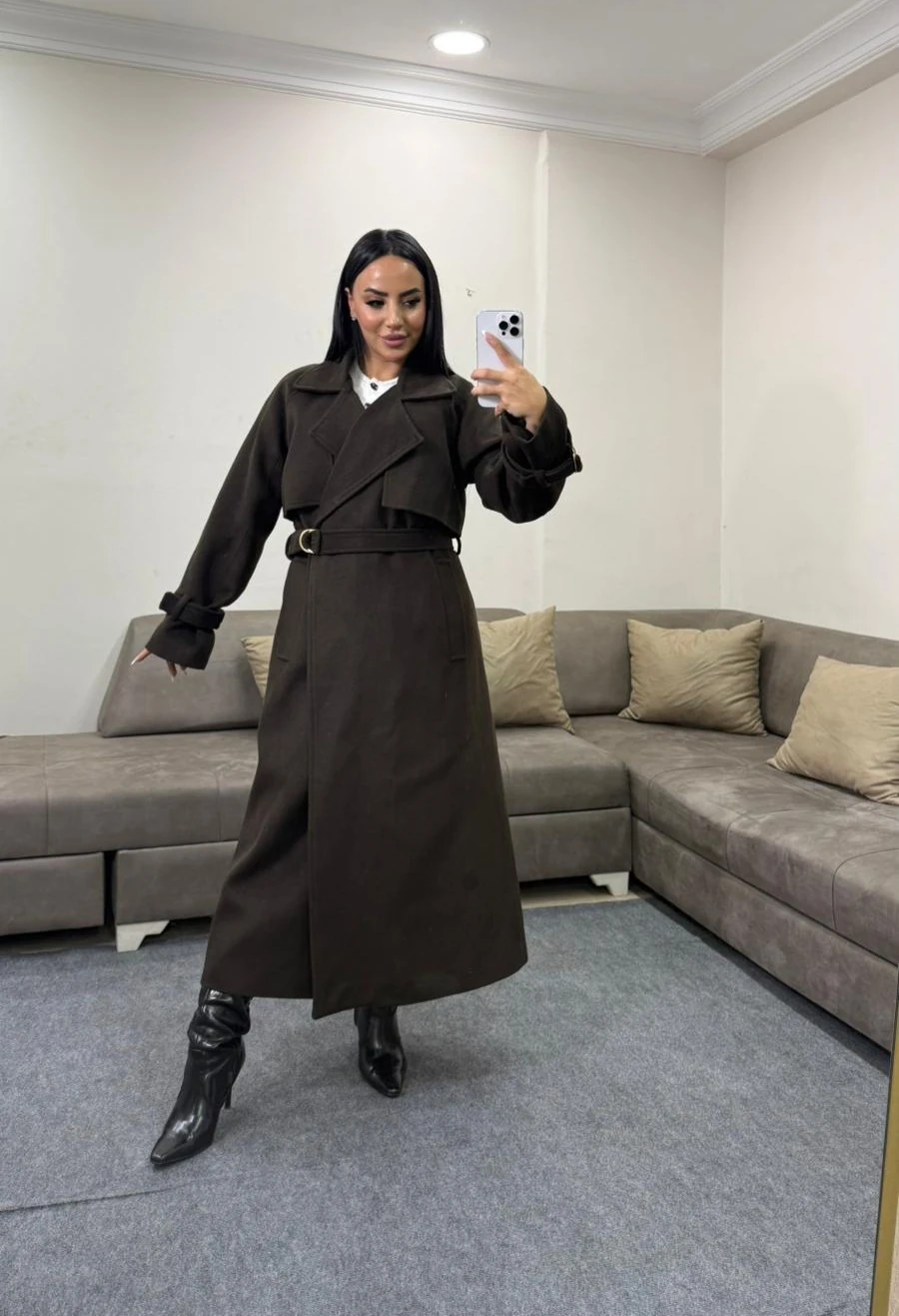 Kadın Uzun Kemer Detaylı Kaşe Kaban - acı kahve