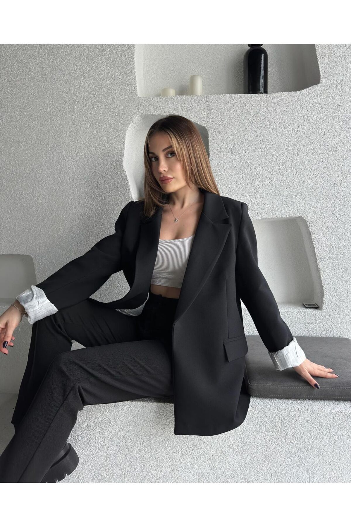 Kadın Double Kumaş Premium Astarlı Manşet Çizgili Blazer Ceket
