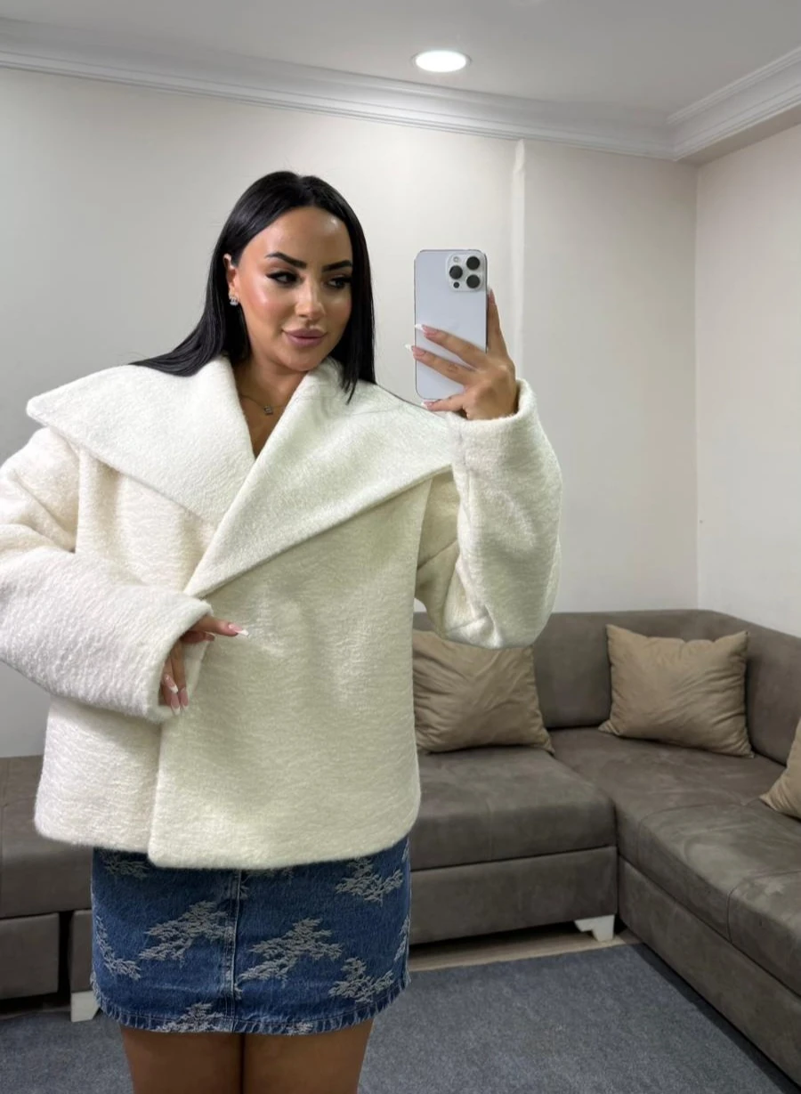 Kadın Kruvaze Şal Yaka Premium Kaşe Ceket/Mont