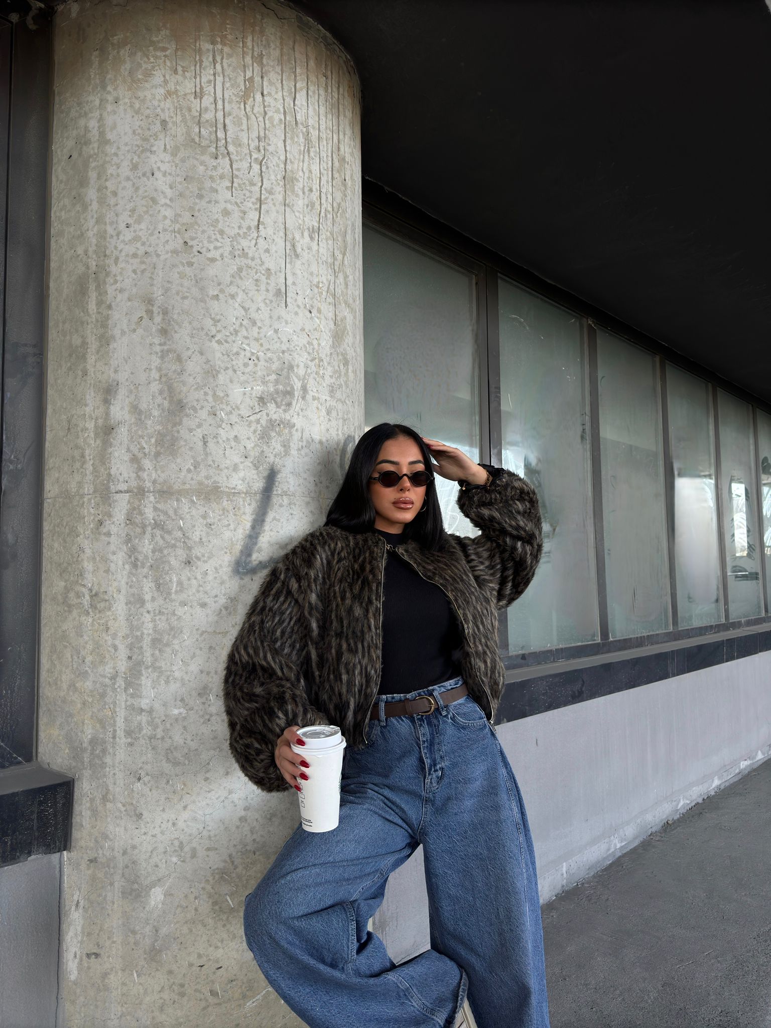 Leopar Desenli Astarlı Tüylü Fermuarlı Ceket