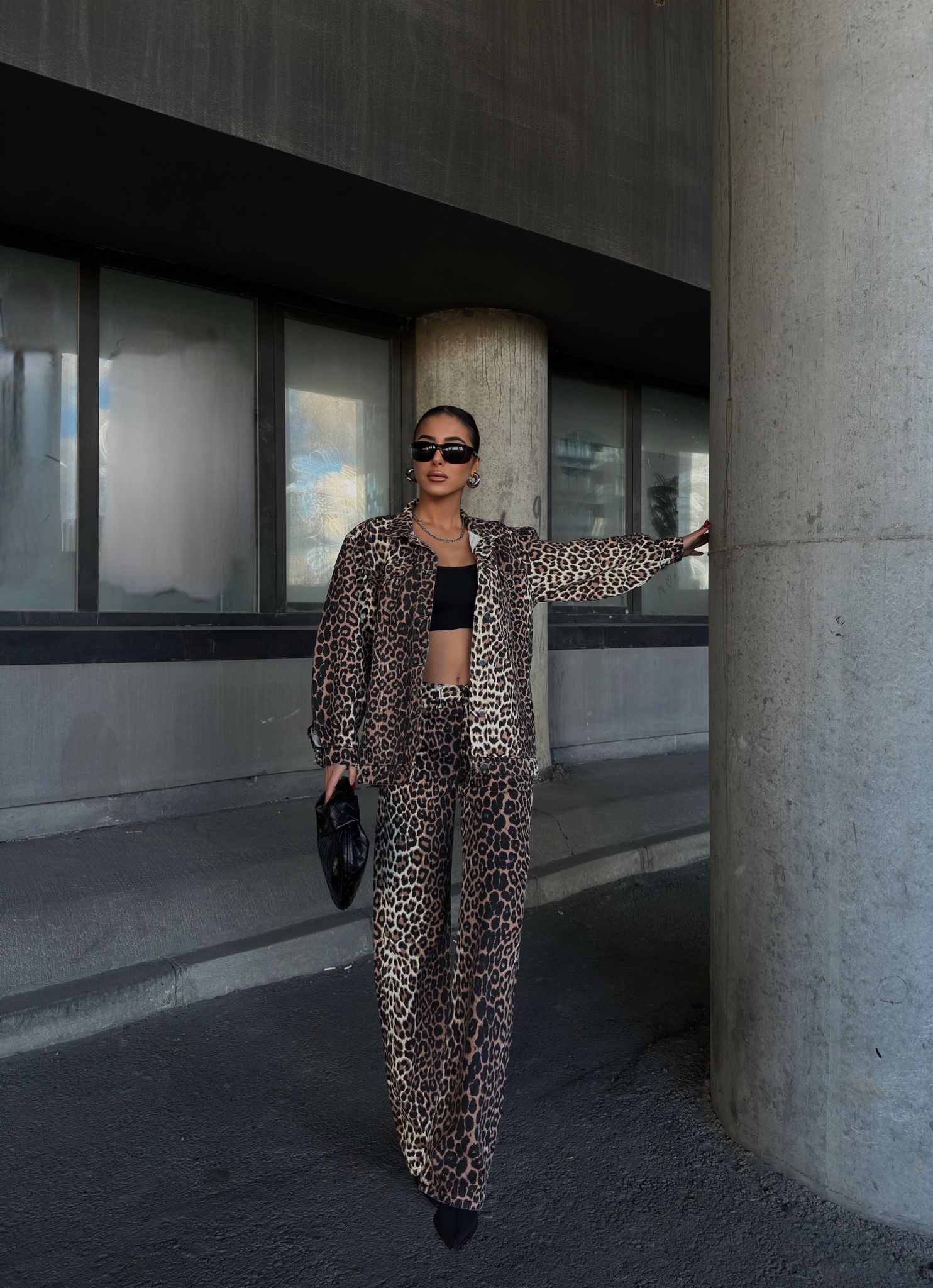 Leopar Desenli Düğmeli Ceket & Pantolon Jean Takım