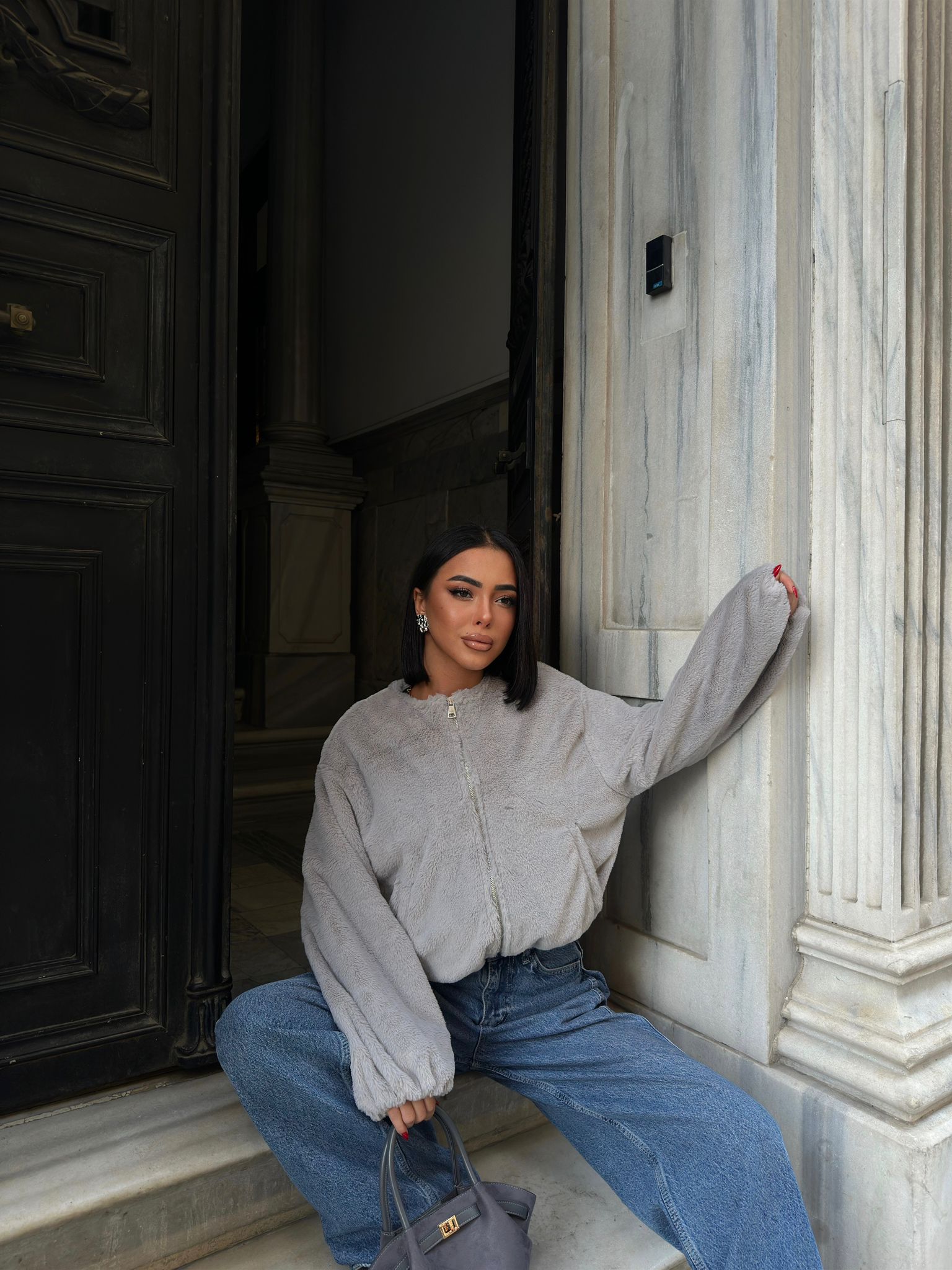 Fleto Cepli Kapitone Peluş Mont - gri