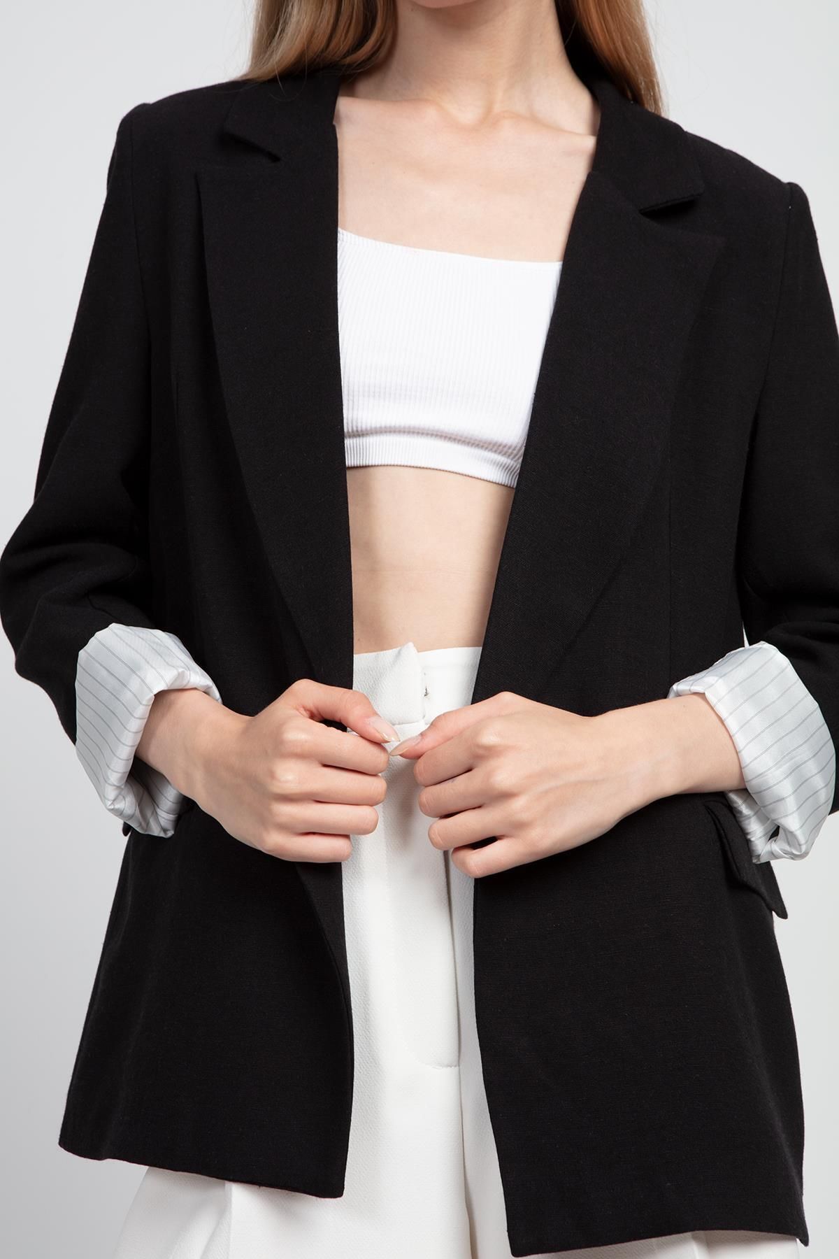 Kadın Kol Katlamalı Keten Blazer Ceket