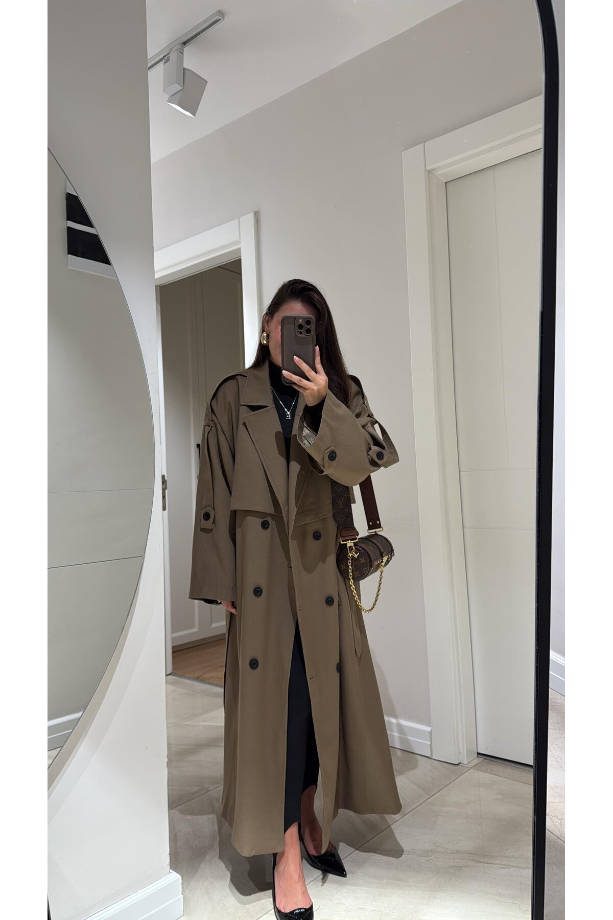 Karamel Tokalı Premium Oversize Trenç - bej