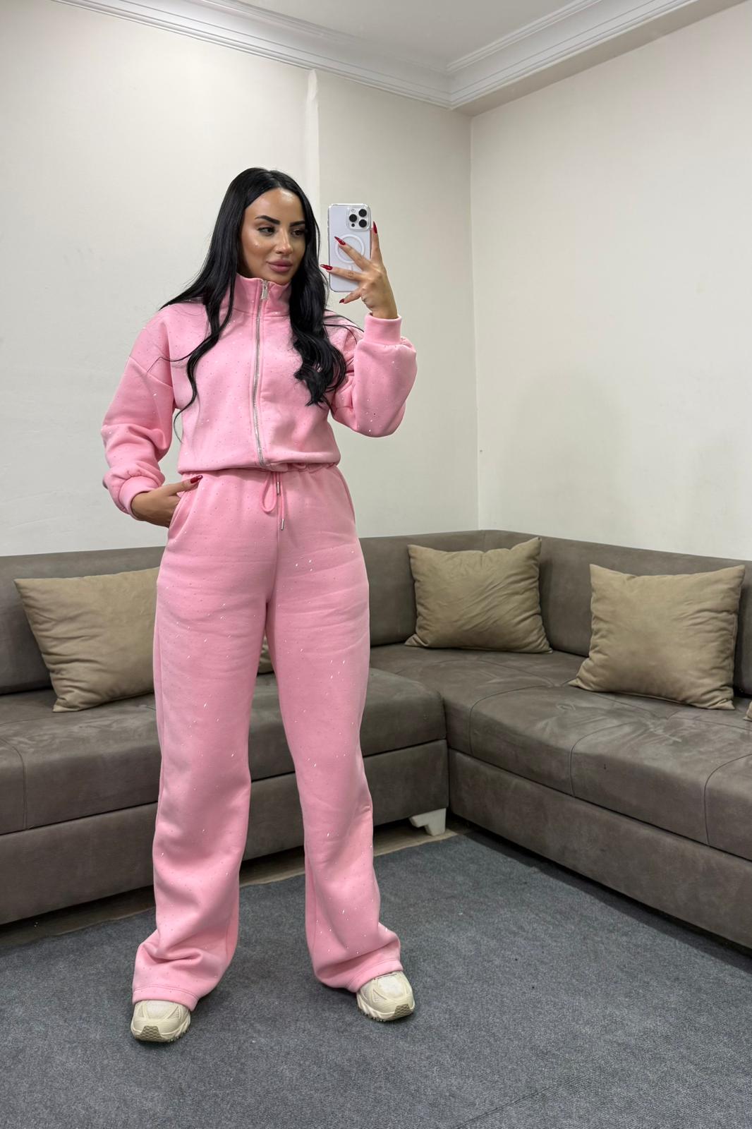 Parlak Taşlı Üç İplik Pamuklu Sweatshirt Eşofman Takımı 