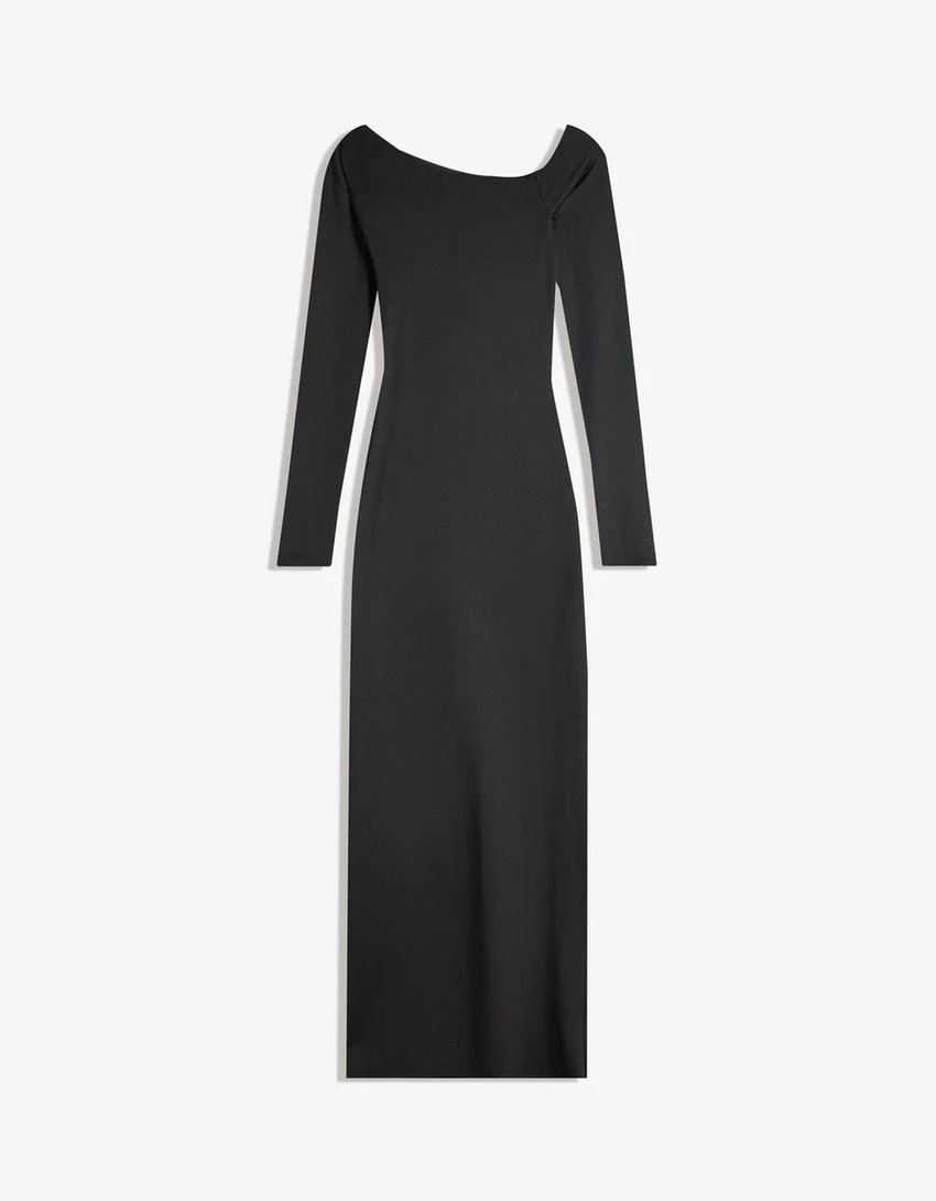 Asimetrik uzun kollu midi elbise