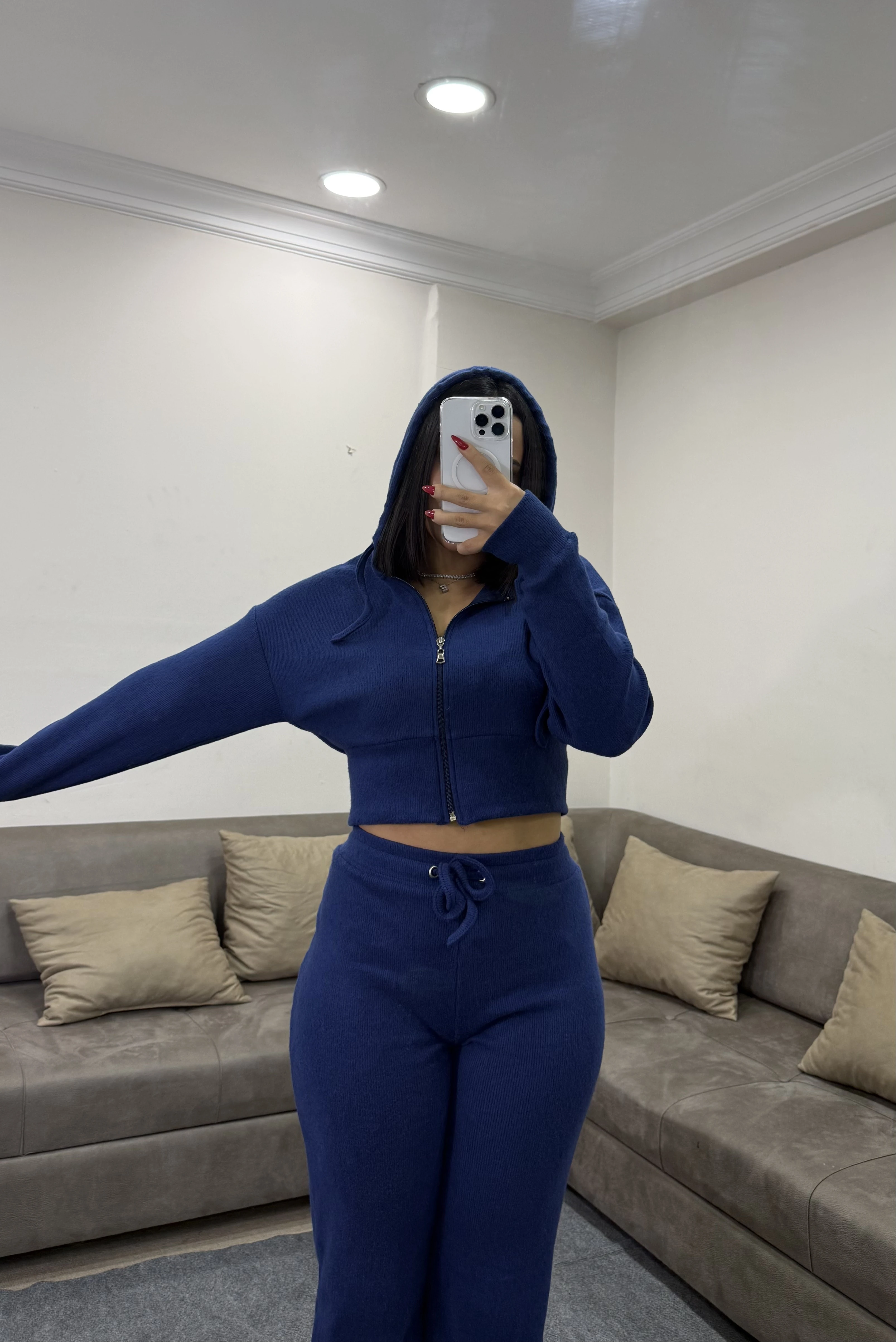 Selanik Kumaş Fermuarlı Kapüşonlu Sweatshirt Eşofman Takım