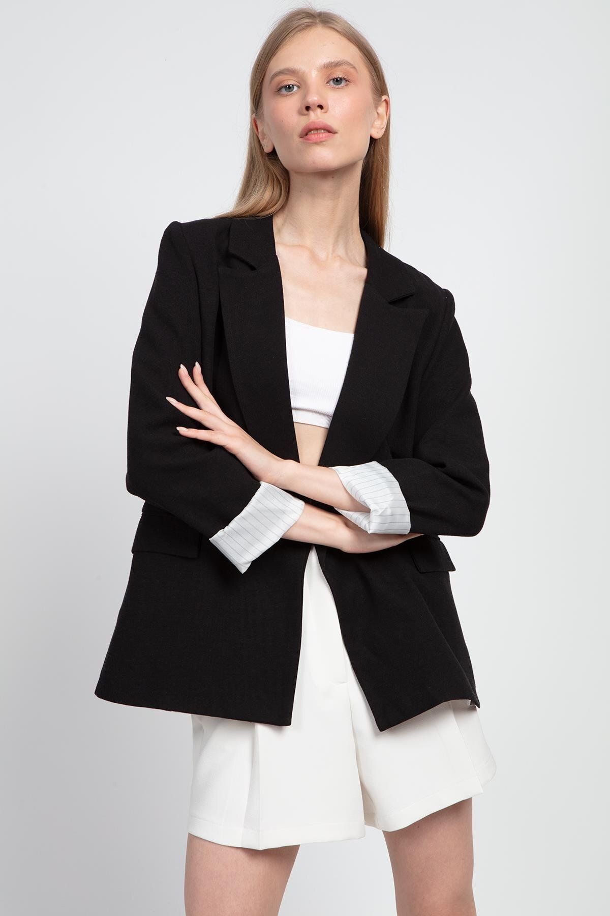 Kadın Kol Katlamalı Keten Blazer Ceket