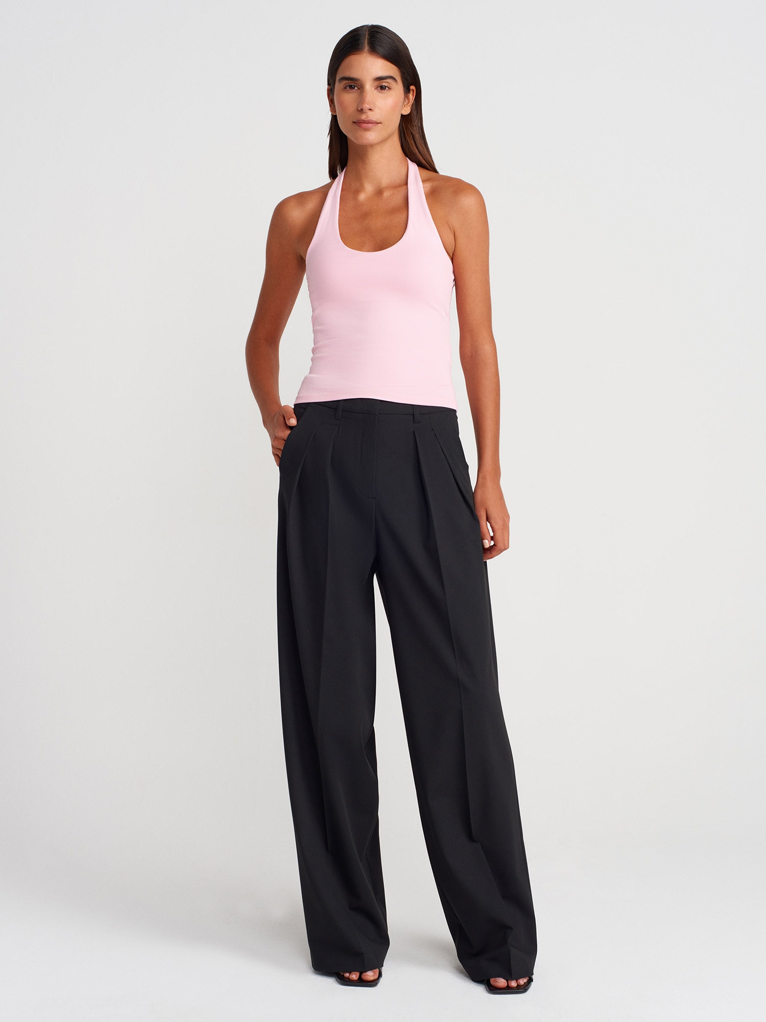 Halter Yaka Top-Toz Pembe