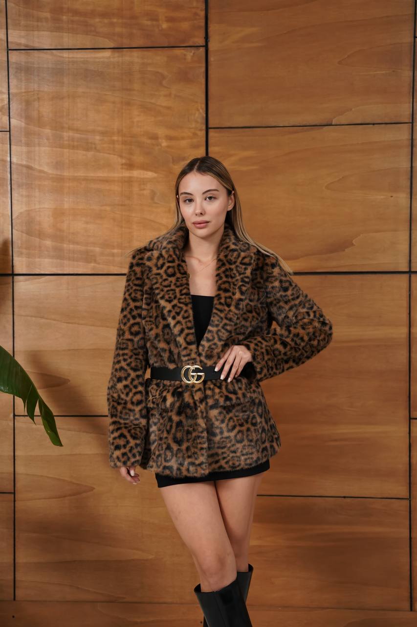 Fox Kemerli Leopar Ceket  - kahverengi