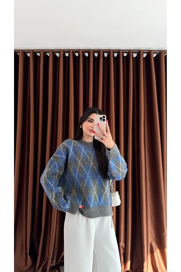 Baklava Desenli Sakallı Mavi Kazak