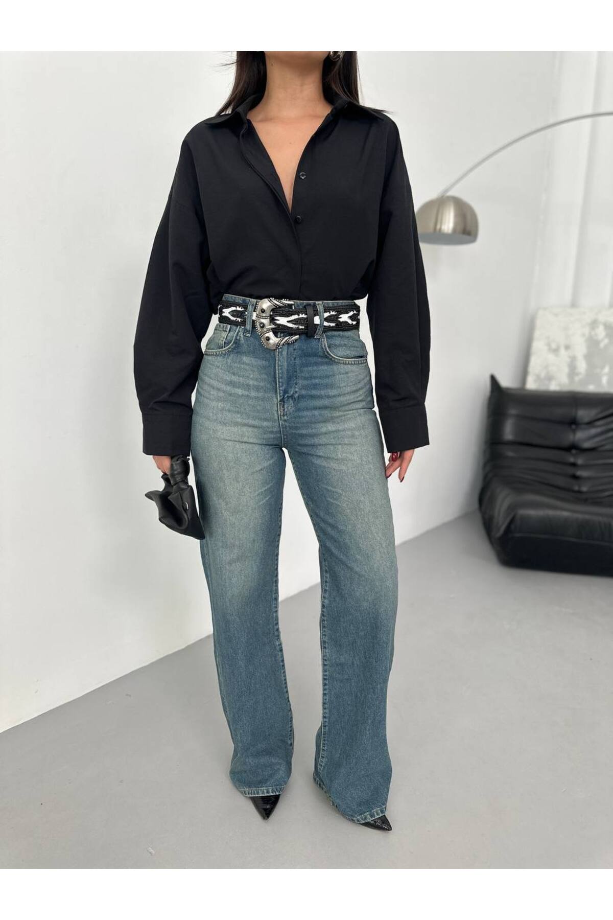 Kadın Yıkamalı Mavi Wide Leg Jean Pantalon