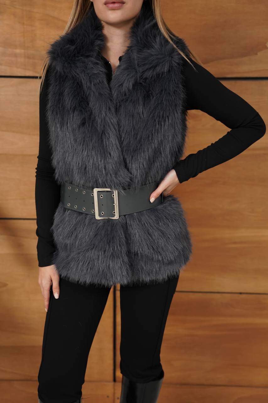 Kadın Kemerli Premium Kürk Yelek - gri