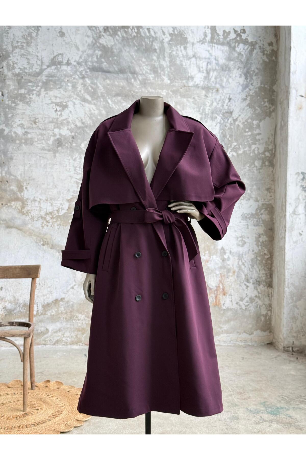 Karamel Tokalı Premium Oversize Trenç - bordo