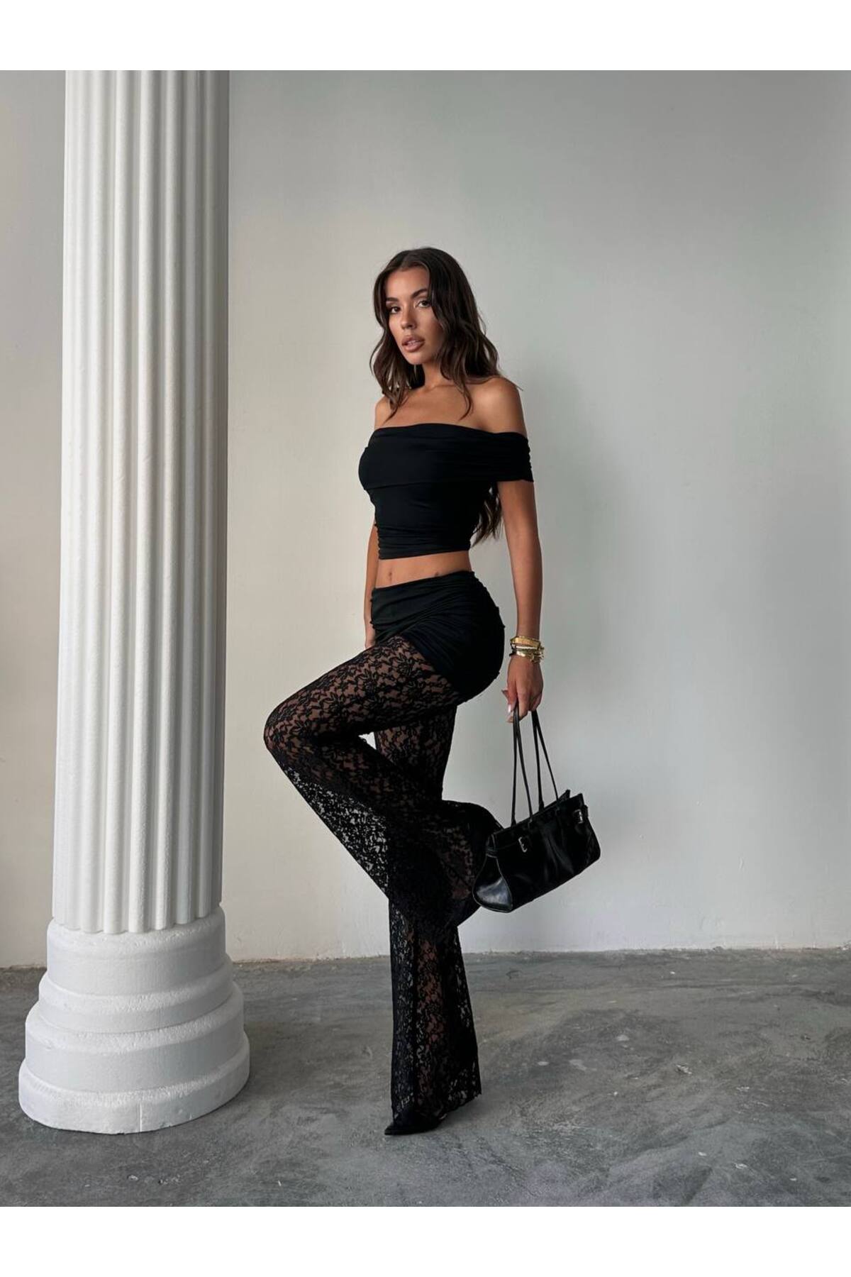 Kadın İkili güpürlü Dantel Pantalon Bluz Takım