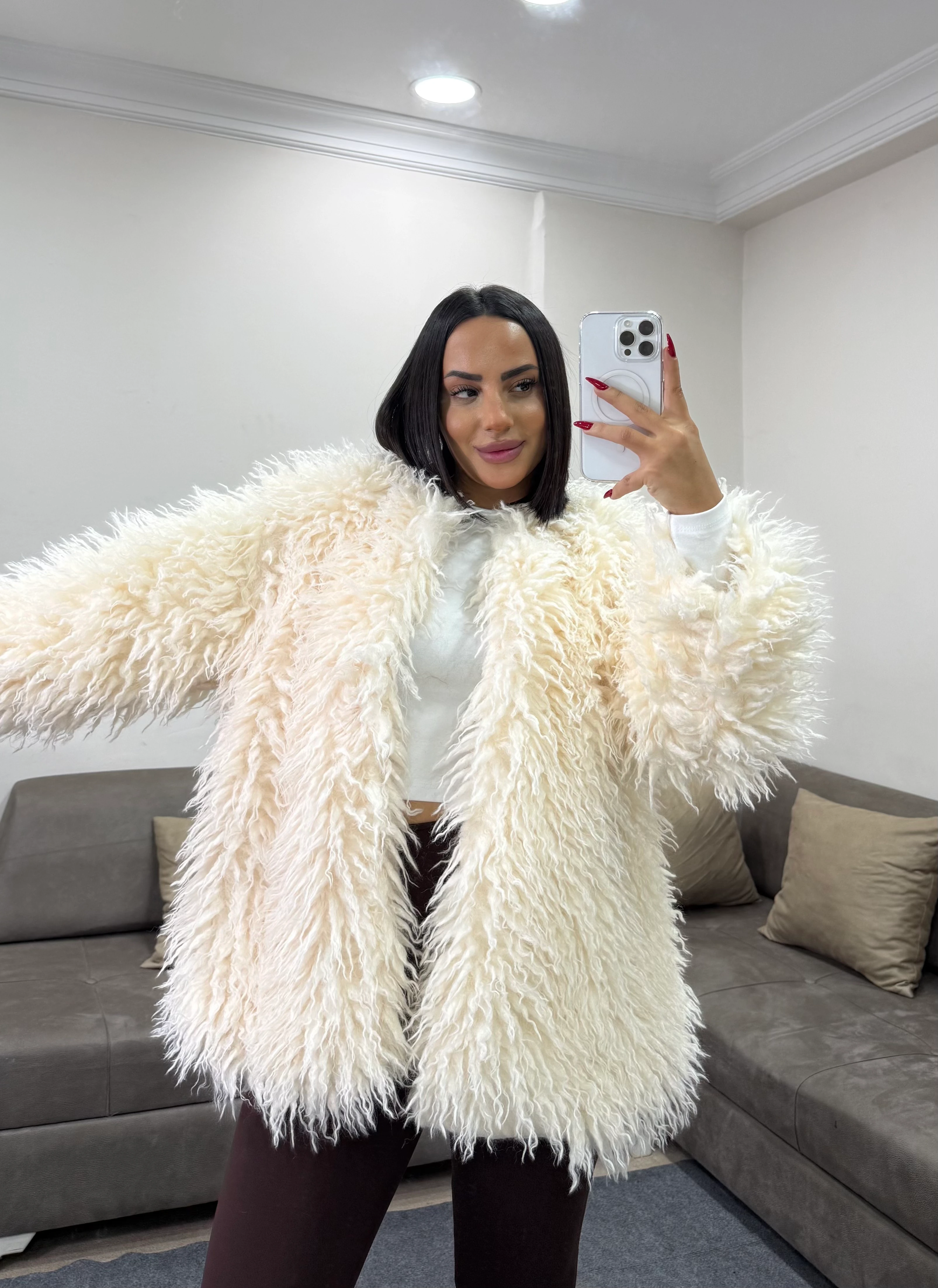 Uzun Tüylü Oversize Kürk - bej