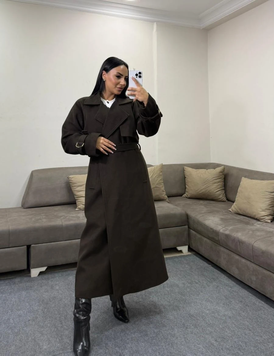 Kadın Uzun Kemer Detaylı Kaşe Kaban