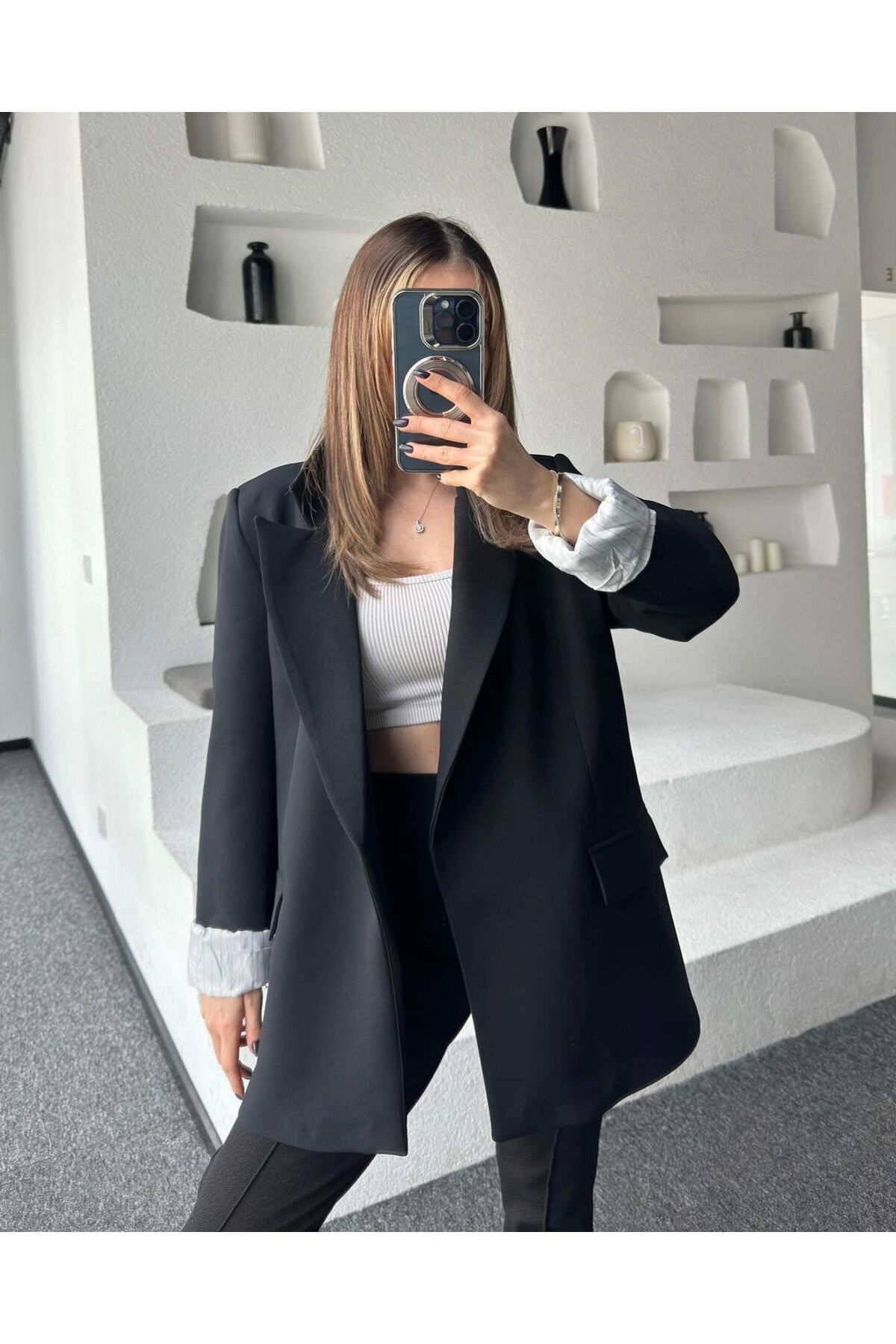 Kadın Double Kumaş Premium Astarlı Manşet Çizgili Blazer Ceket
