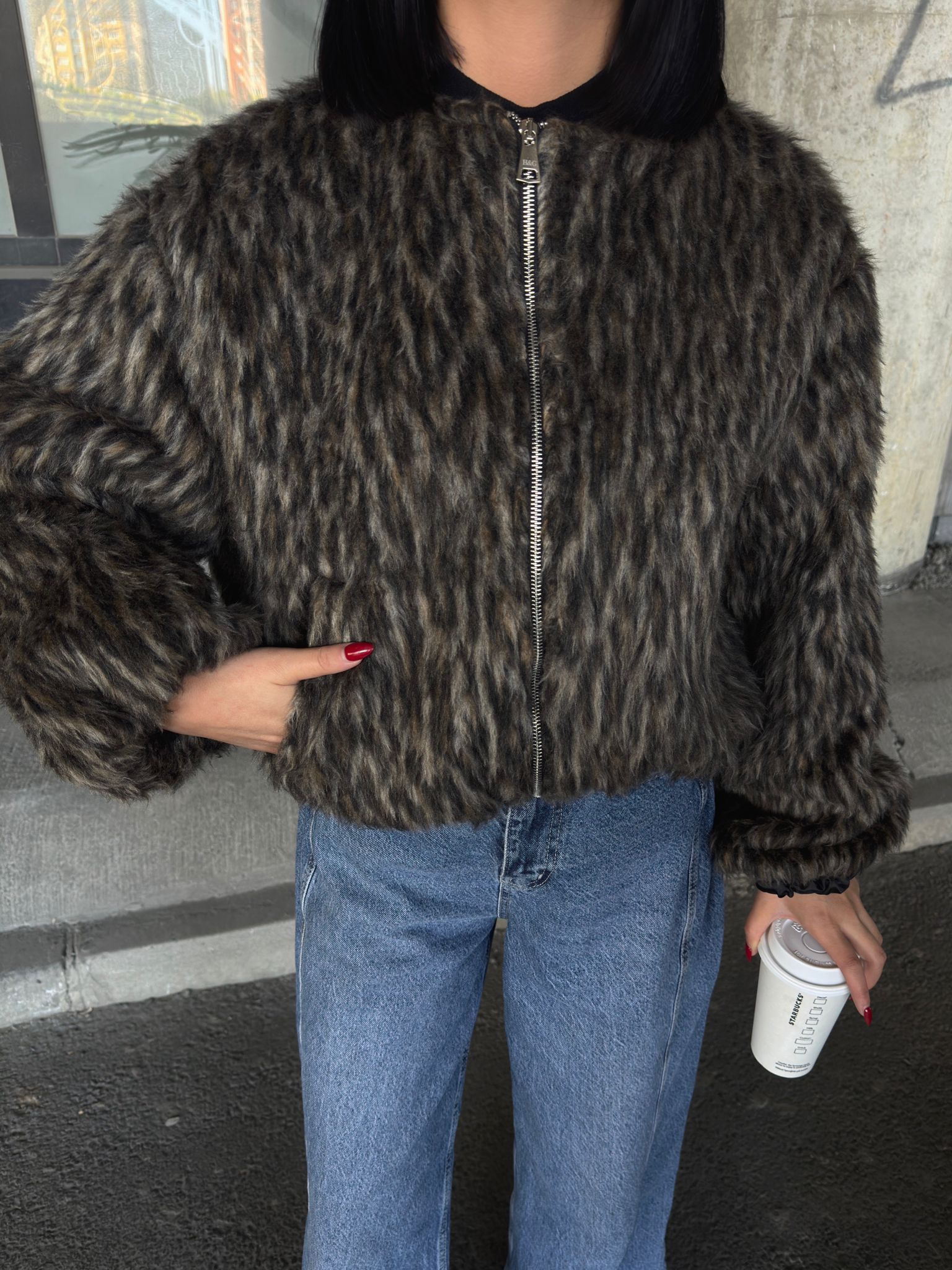 Leopar Desenli Astarlı Tüylü Fermuarlı Ceket