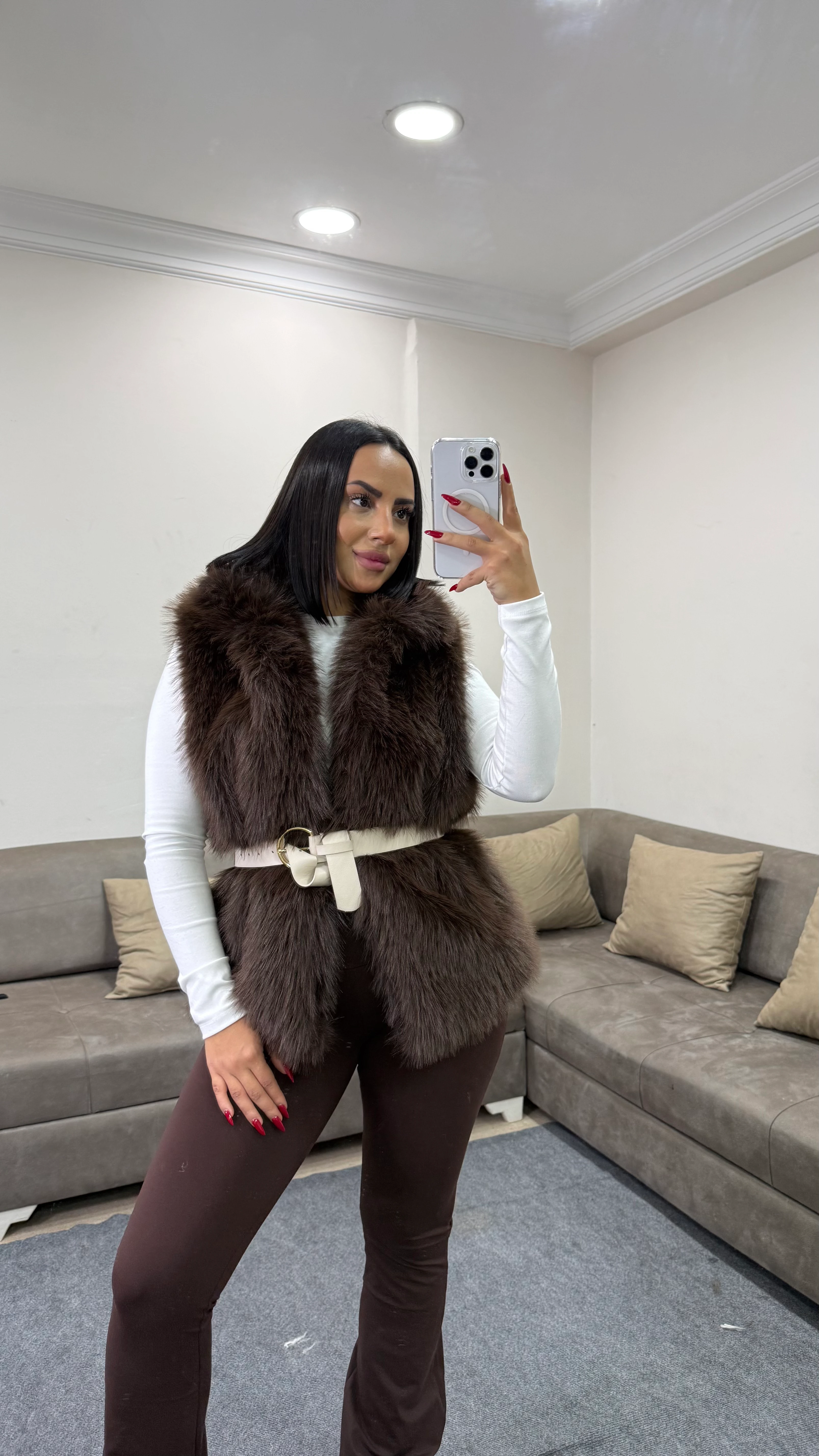 Kemerli Sıfır Kol Kürk Kadın Yelek - kahverengi