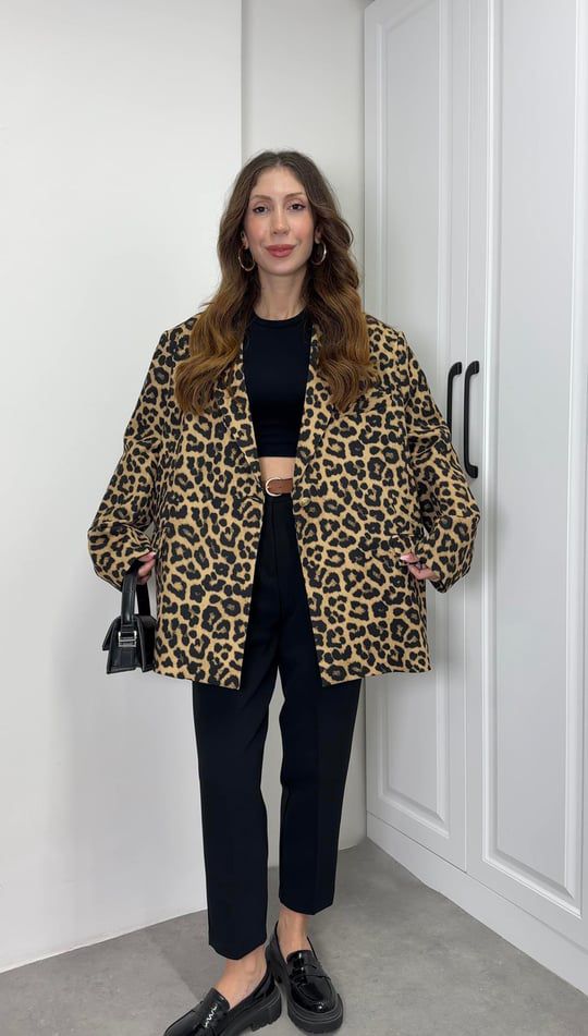 Leopar Astarlı Oversize Blazer Ceket