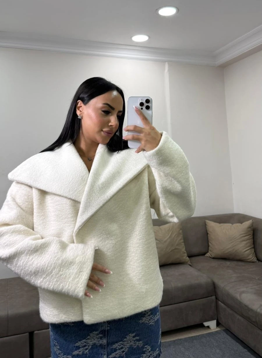 Kadın Kruvaze Şal Yaka Premium Kaşe Ceket/Mont