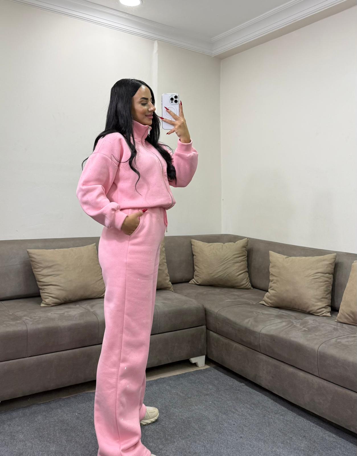 Parlak Taşlı Üç İplik Pamuklu Sweatshirt Eşofman Takımı 