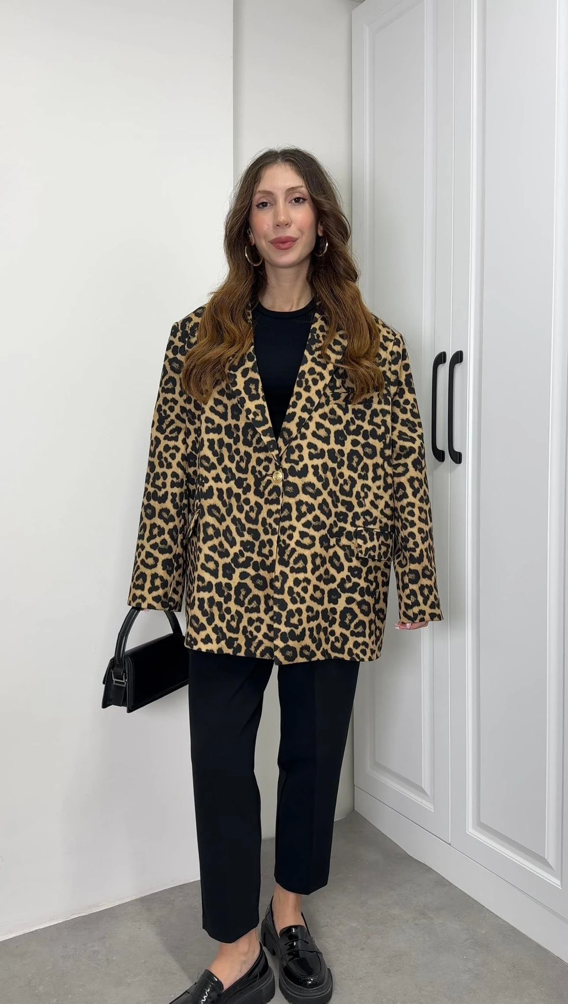 Leopar Astarlı Oversize Blazer Ceket