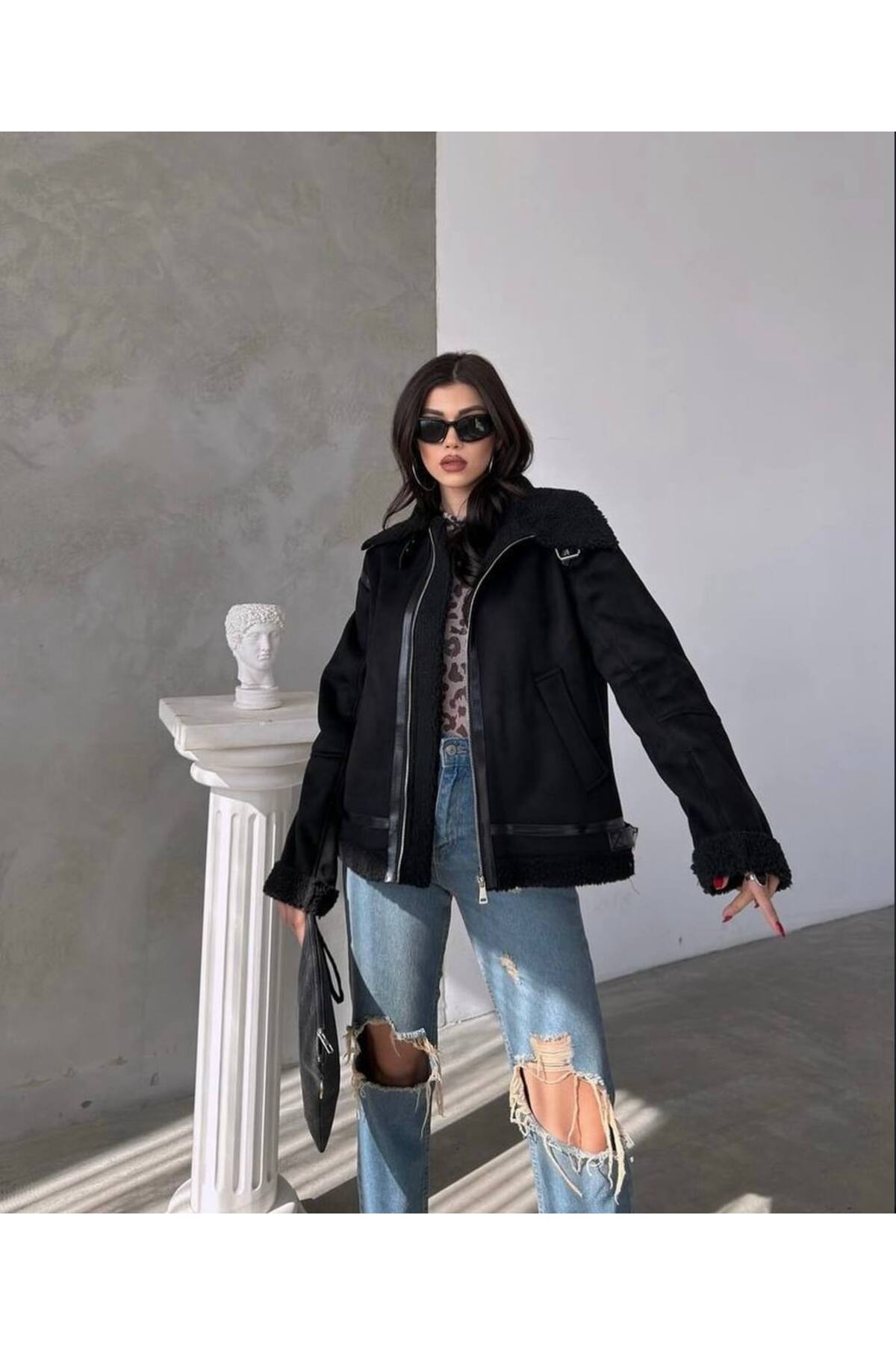 Kadın İçi Peluş Süet dOversize Mont Ceket