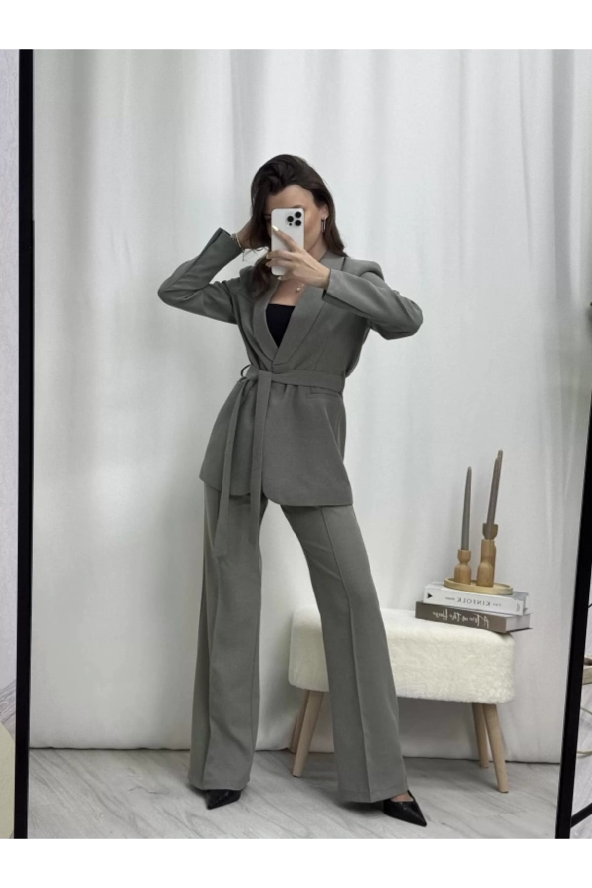 HG Yeşil Kemerli Ceket Palazzo Pantalon Takımı