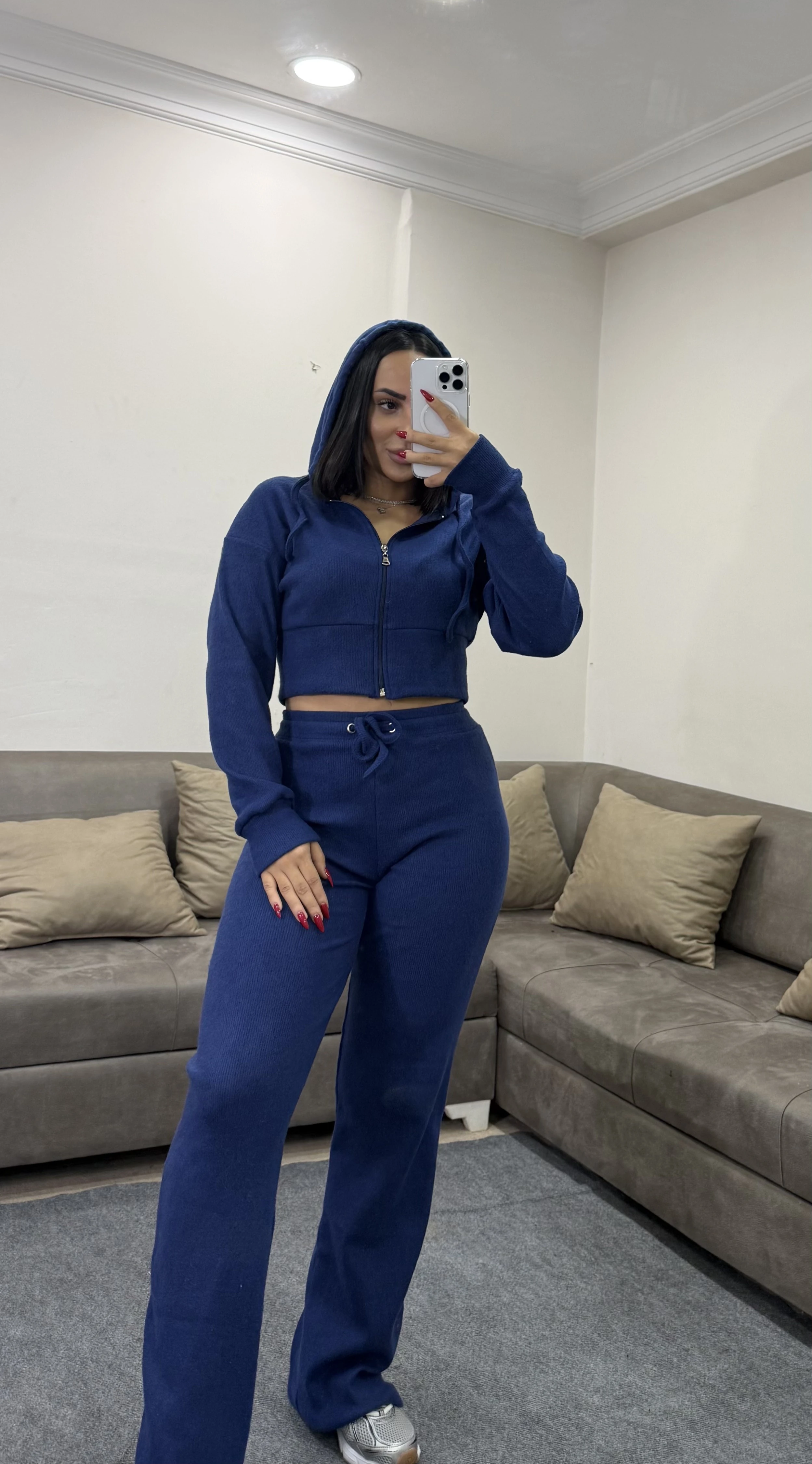 Selanik Kumaş Fermuarlı Kapüşonlu Sweatshirt Eşofman Takım - mavi