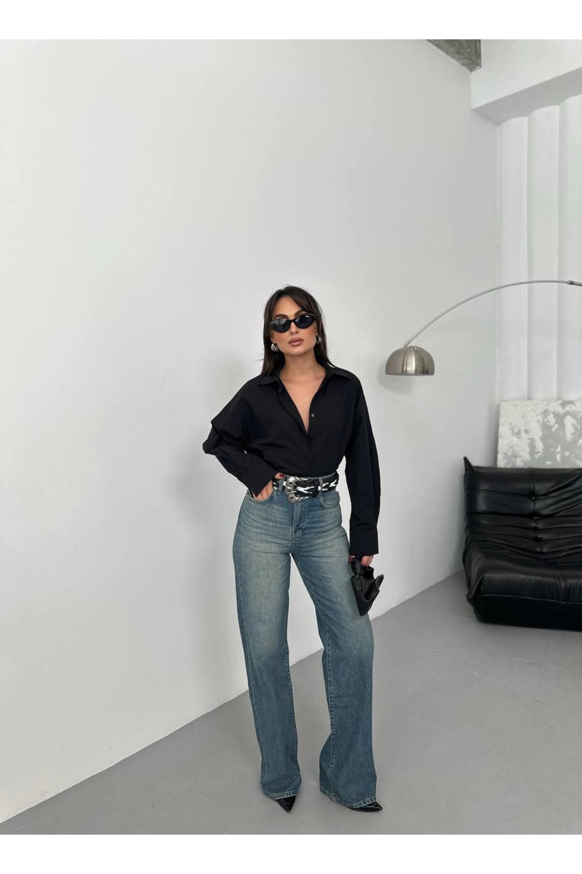 Kadın Yıkamalı Mavi Wide Leg Jean Pantalon