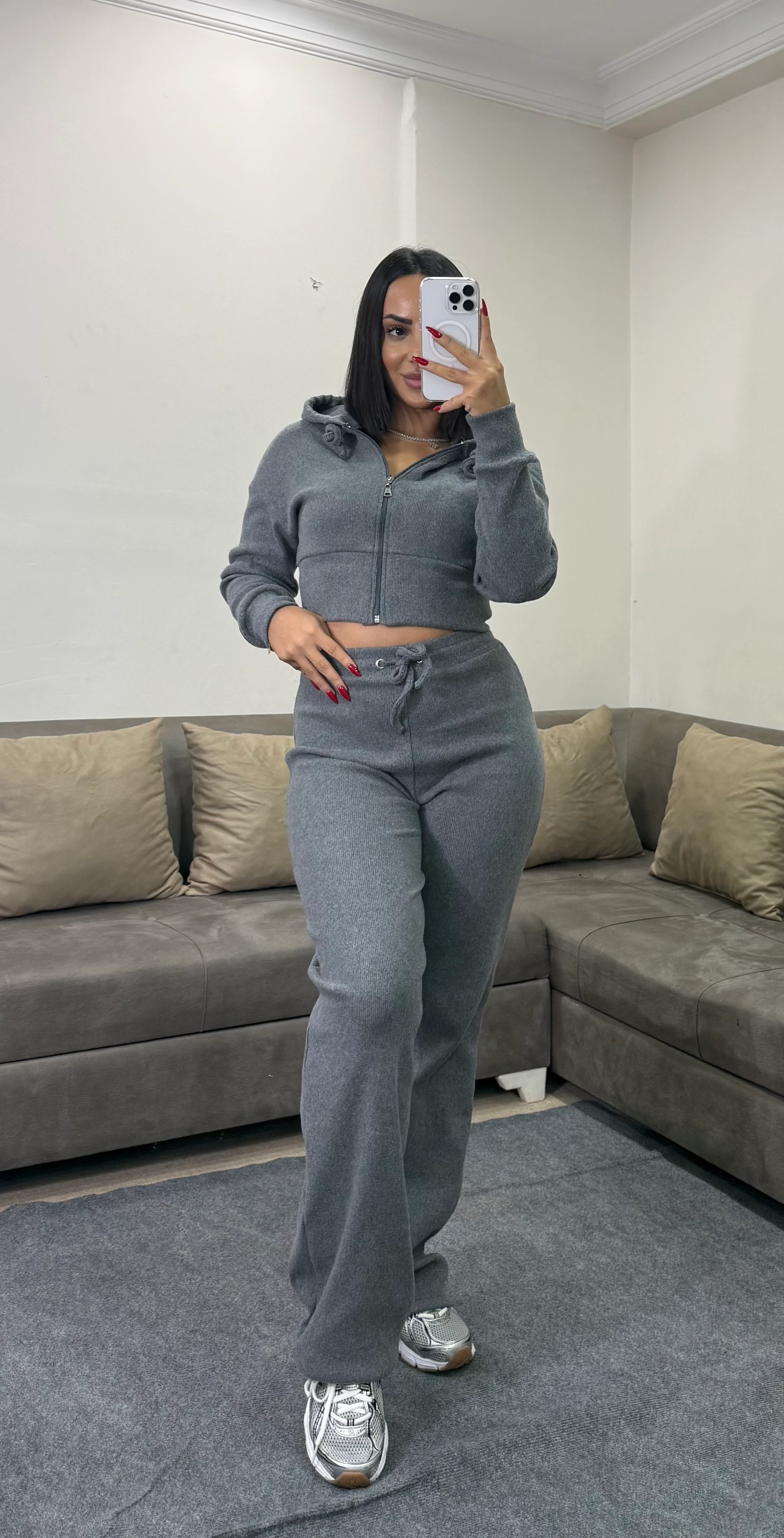 Selanik Kumaş Fermuarlı Kapüşonlu Sweatshirt Eşofman Takım - gri