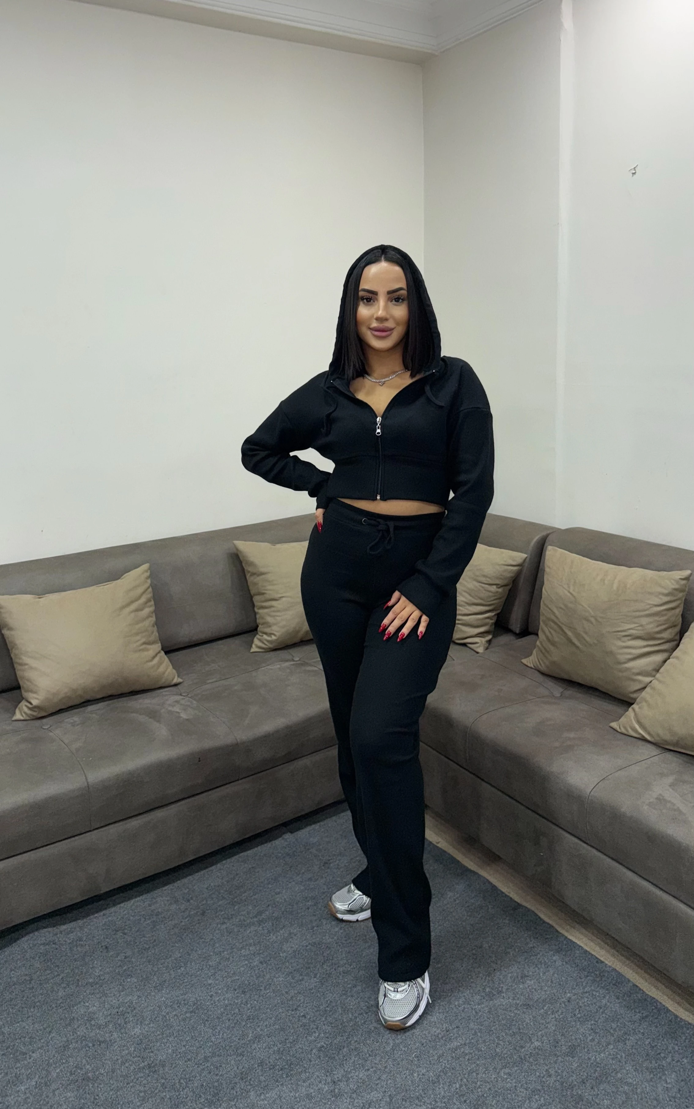 Selanik Kumaş Fermuarlı Kapüşonlu Sweatshirt Eşofman Takım - siyah