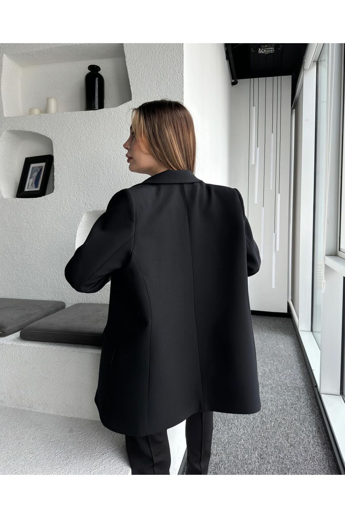 Kadın Double Kumaş Premium Astarlı Manşet Çizgili Blazer Ceket