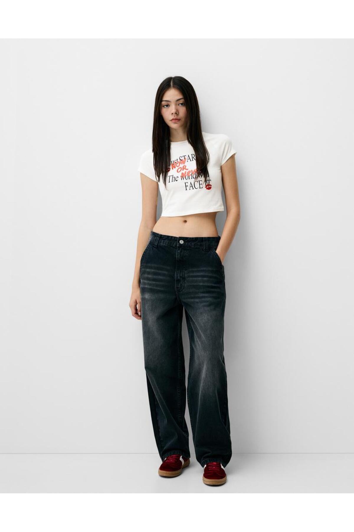 Baskılı reglan kısa kollu crop tişört
