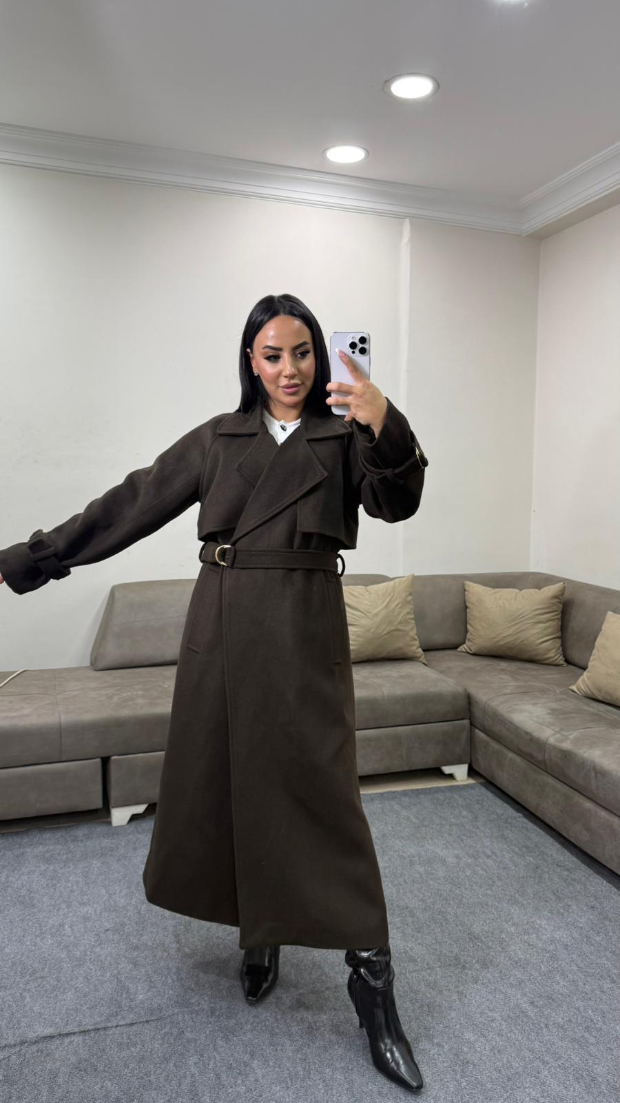 Kadın Uzun Kemer Detaylı Kaşe Kaban