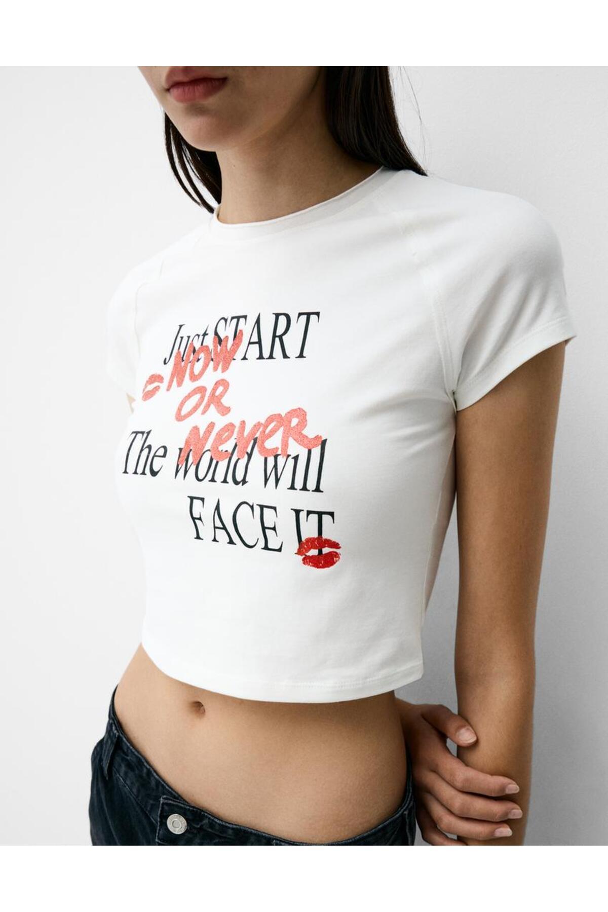Baskılı reglan kısa kollu crop tişört