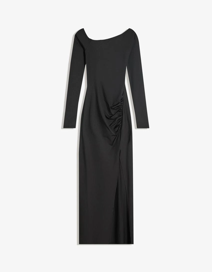 Asimetrik uzun kollu midi elbise