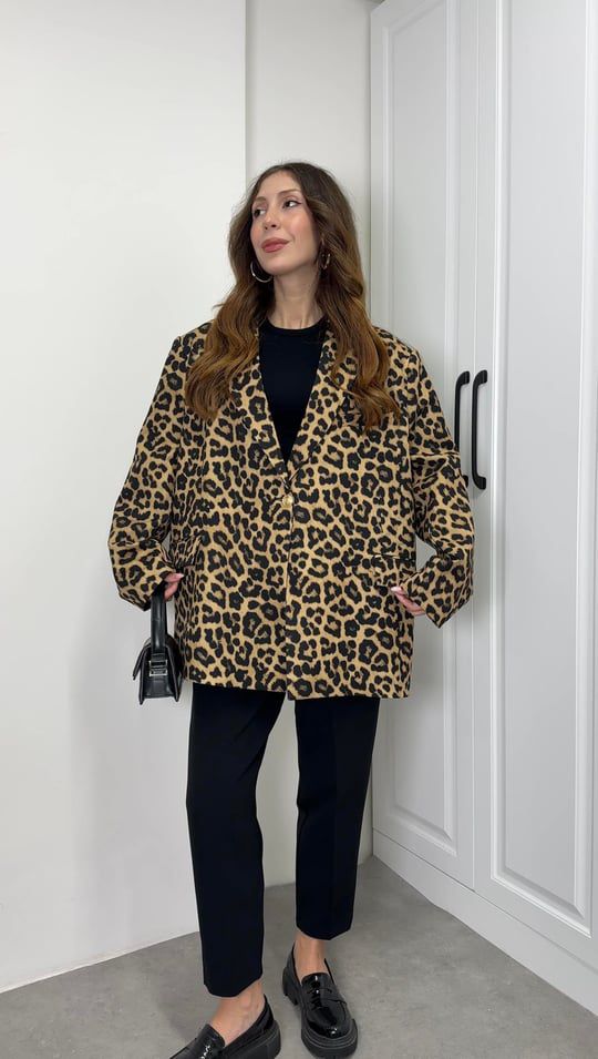 Leopar Astarlı Oversize Blazer Ceket