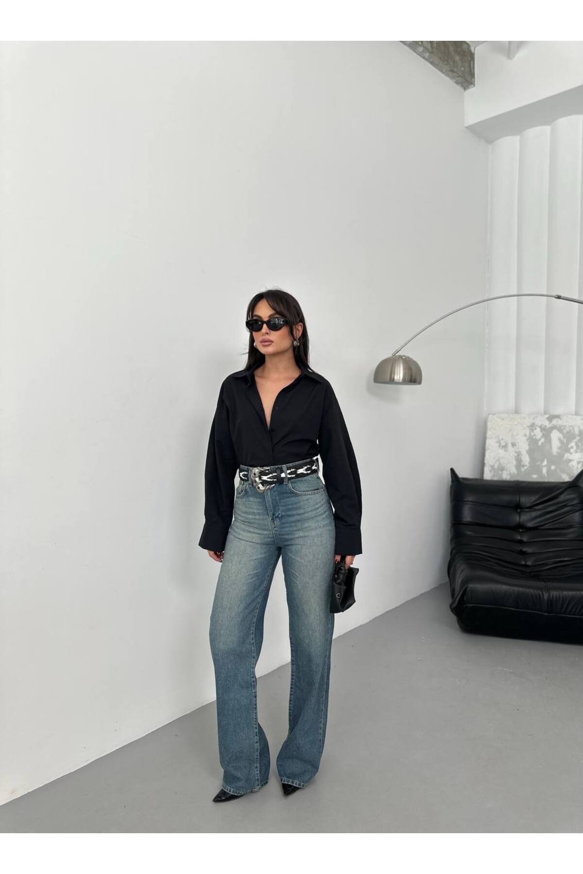 Kadın Yıkamalı Mavi Wide Leg Jean Pantalon