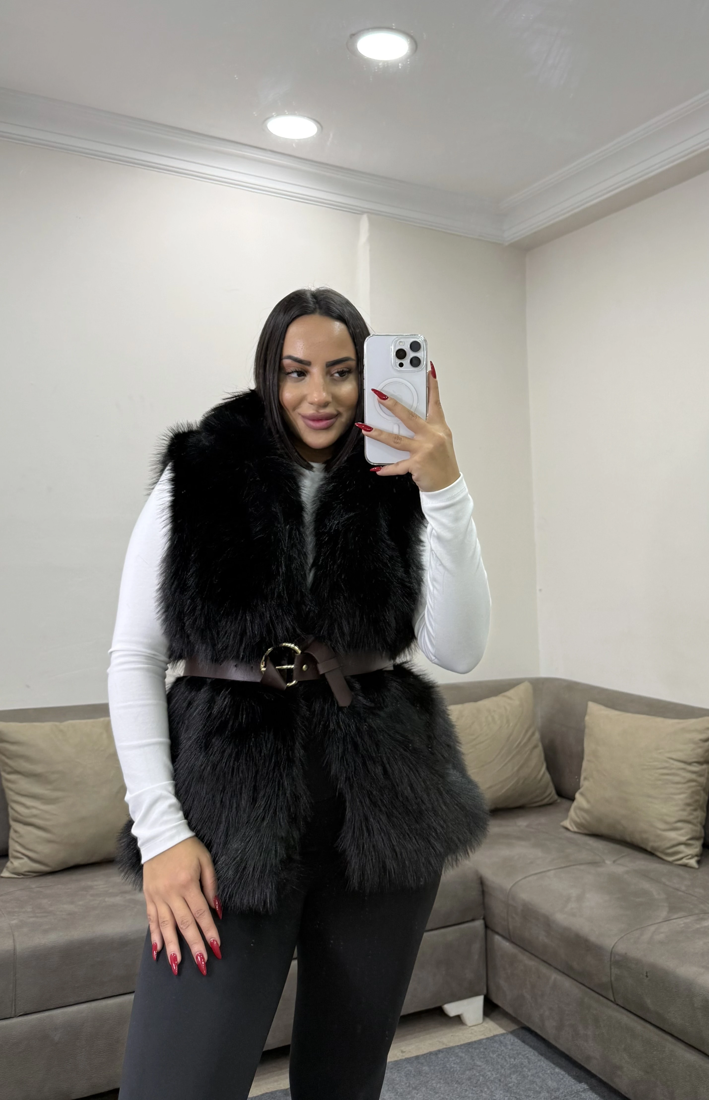 Kemerli Sıfır Kol Kürk Kadın Yelek - siyah