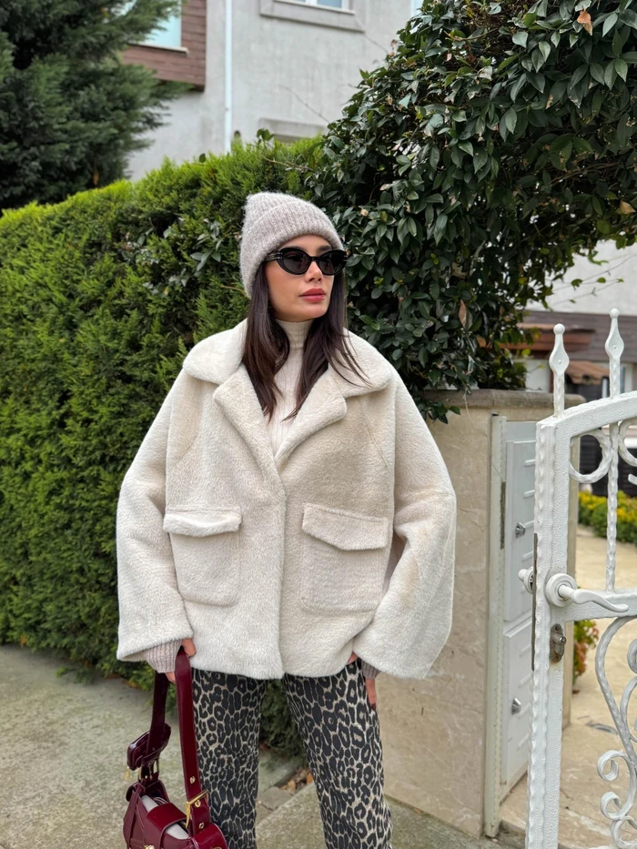 Taş Alpaka Kürk Kısa Kaban - taş