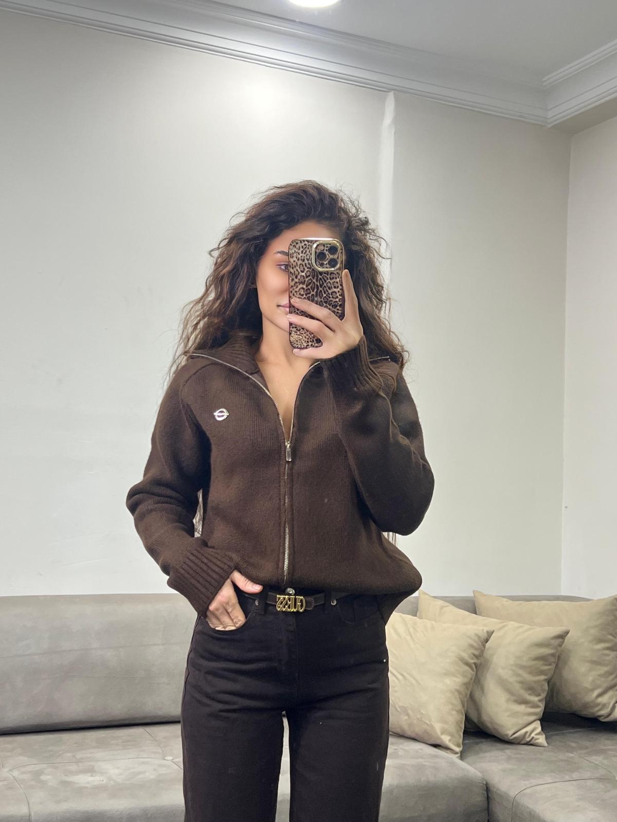 Yüksek Yaka Bej Fermuarlı Triko Hırka - kahverengi