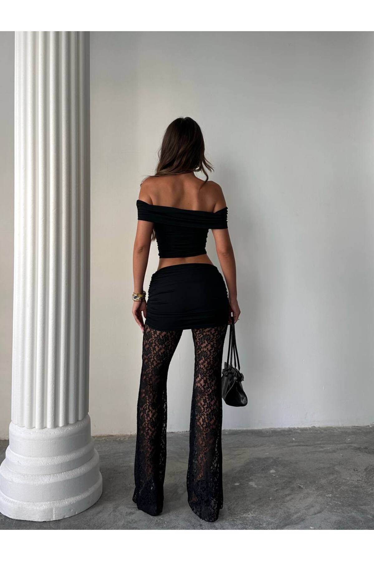 Kadın İkili güpürlü Dantel Pantalon Bluz Takım