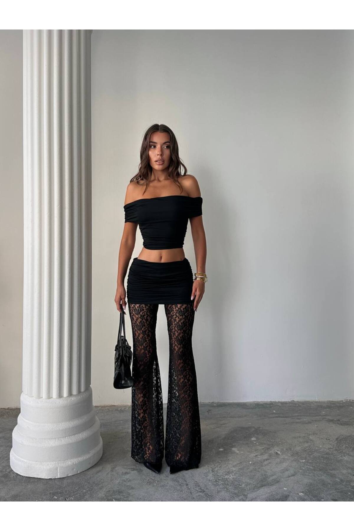 Kadın İkili güpürlü Dantel Pantalon Bluz Takım