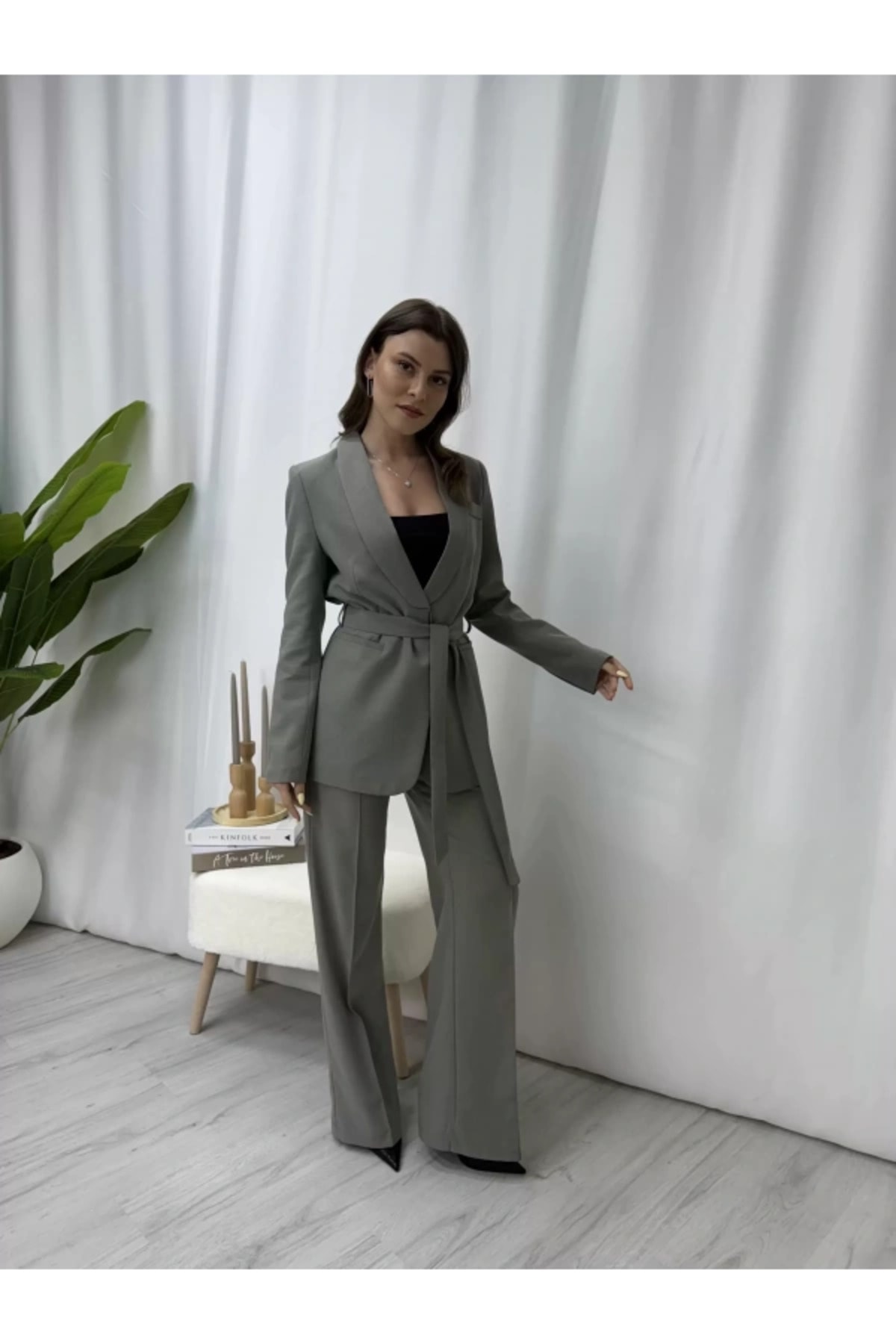 HG Yeşil Kemerli Ceket Palazzo Pantalon Takımı