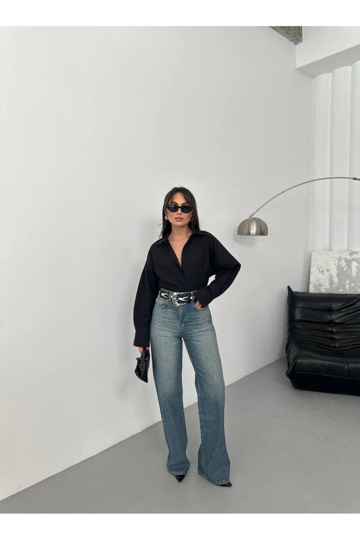 Kadın Yıkamalı Mavi Wide Leg Jean Pantalon