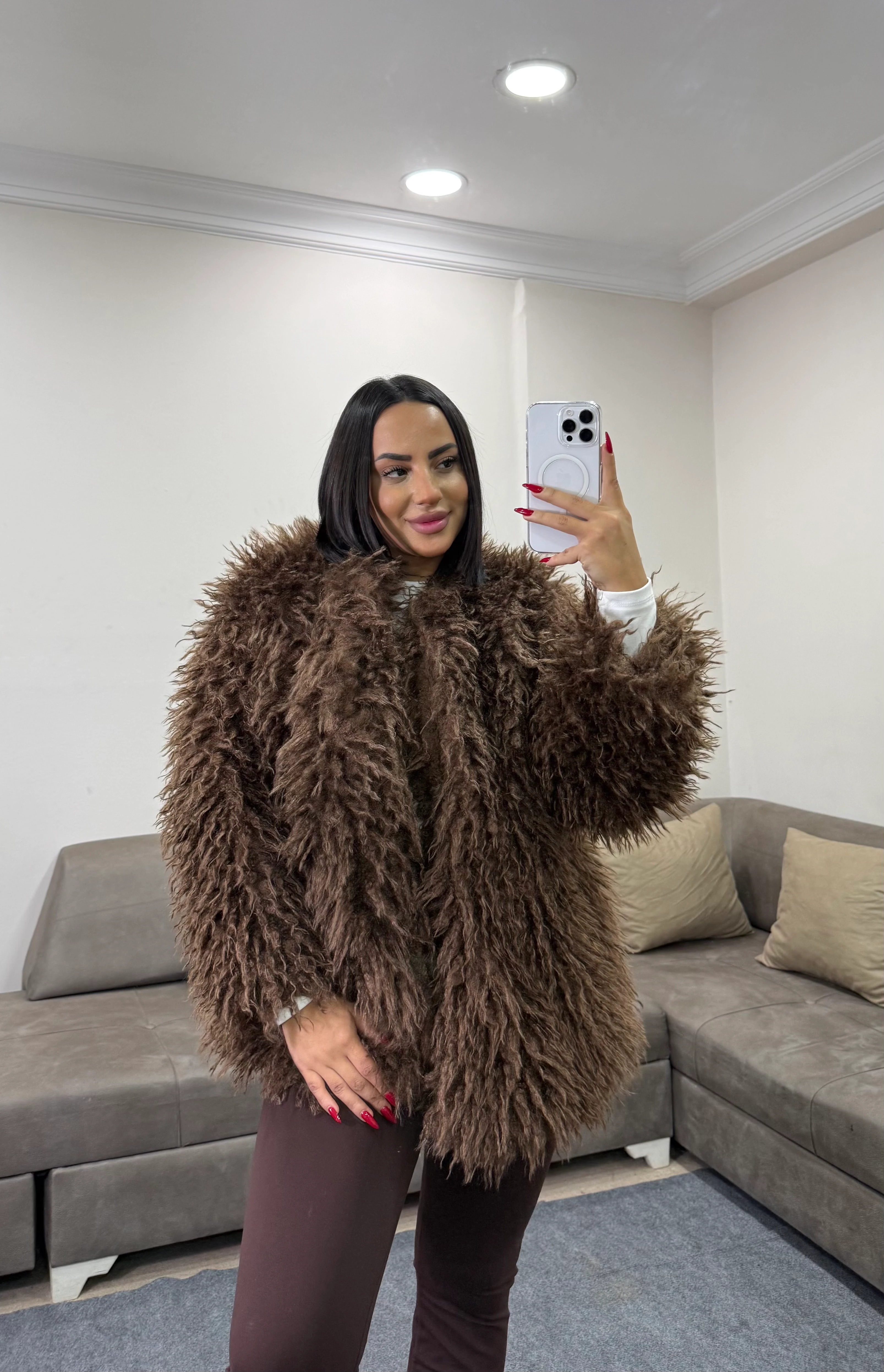 Uzun Tüylü Oversize Kürk - kahverengi